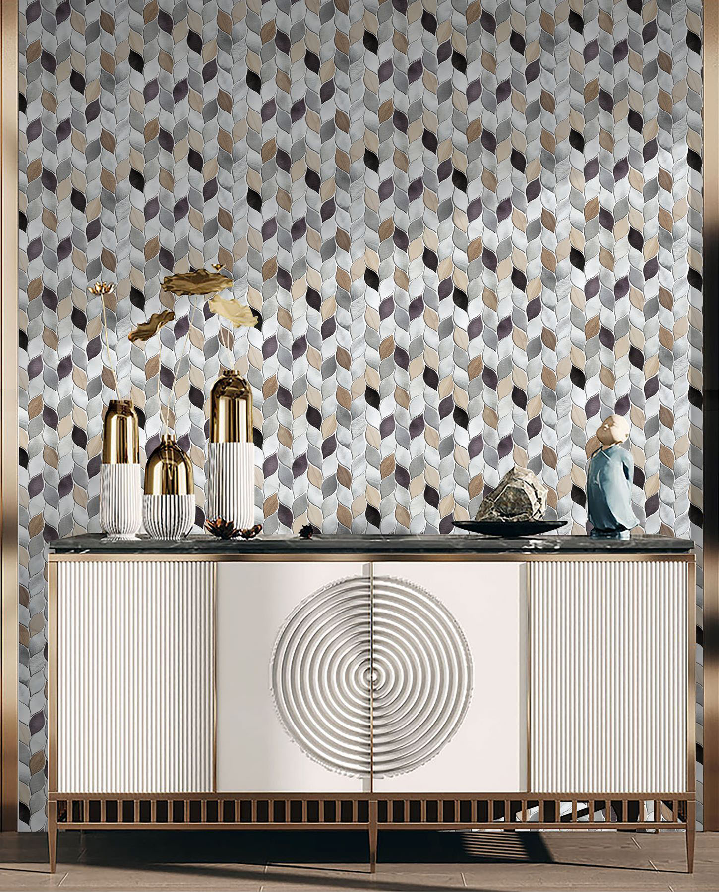 Aluminum & Marble Leaves Silver Grey Brown Mosaic 11 | Marino Tile NY