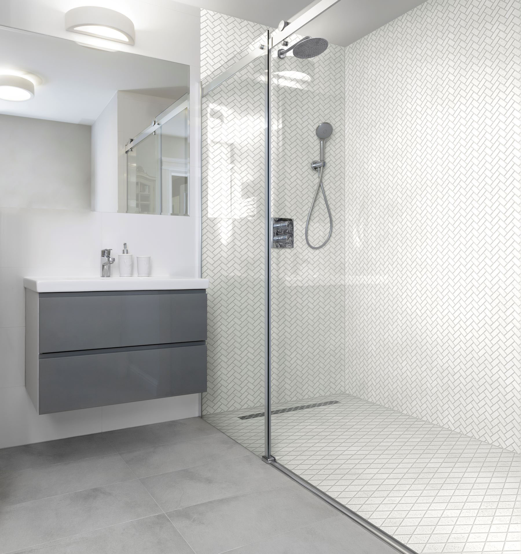 Herringbone Crystal + Crystal White  Marble Diamond | Marino Tile NY